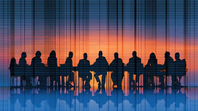 Silhouette of business team meeting at long conference table with gradient red blue light, corporate discussion behind window blinds modern office scene