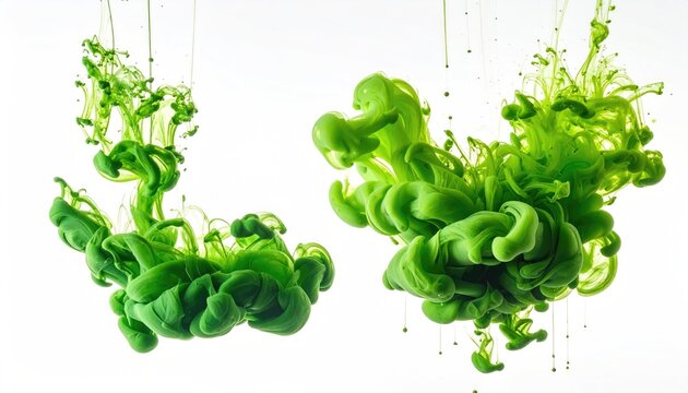 Vibrant green ink clouds blooming and swirling in clear water