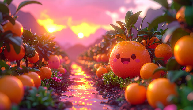 Orange orchard smiling orange sunset glow miniature farm stop motion clay model cute fruit colorful landscape garden path sweet fruit
