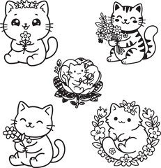 Fototapeta premium Cute cat with flowers line art vector illustration set, kawaii kitten floral wreath coloring page sticker bundle