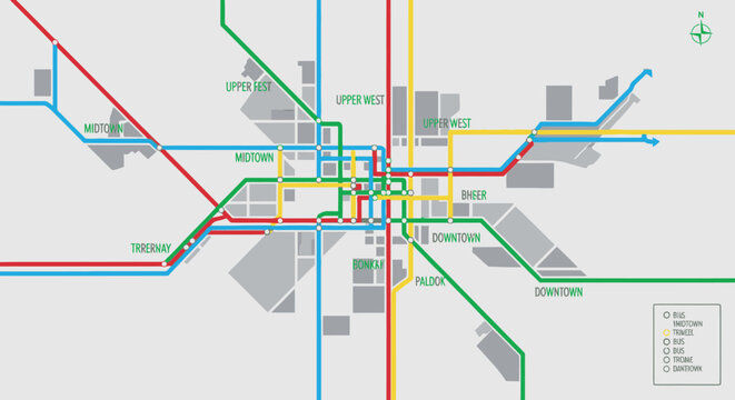 Abstract city transit map showing colorful subway train lines and urban infrastructure layout.