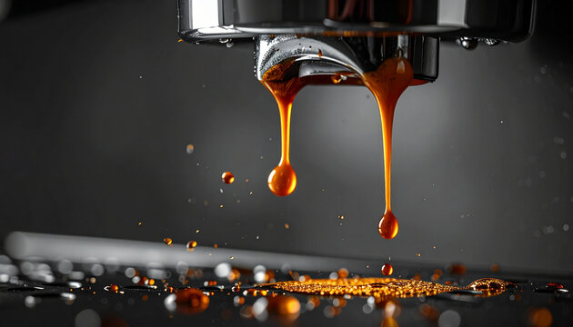 Espresso extraction coffee machine coffee drip drop liquid macro closeup dark