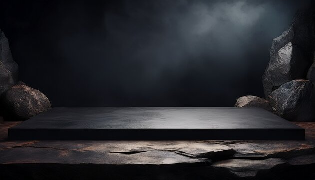 darkroom background with a stone platform for product marketing concept