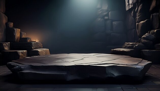 darkroom background with a stone platform for product marketing concepts
