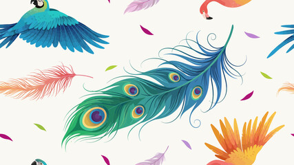 Obraz premium Vibrant Peacock Feather and Bird Pattern with Colorful Petals on White Background with orange flower and pink flamingo and multicolored leaves in abstract design decorative border for