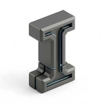 Futuristic Tech Letter I, Dark Steel 3D Block with Embedded Cyan Circuit Channels and Precise Angular Edges, High Tech Monogram Concept for Software Platforms, Data Infrastructure, Cybersecurity Syste