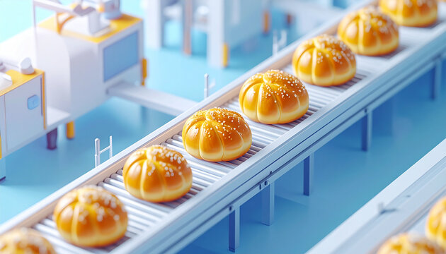 Bakery production line with golden bread on conveyor in blue factory interior, isometric miniature food manufacturing scene