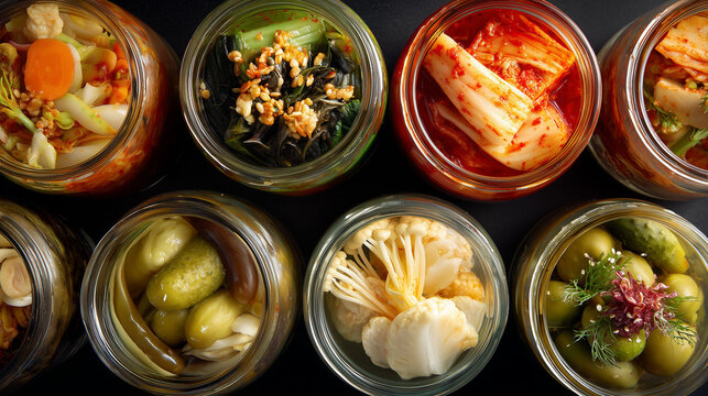 Assorted fermented foods including kimchi and pickled vegetables, overhead shot