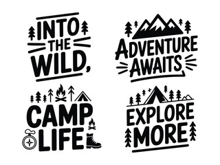 Fototapeta premium Camping and hiking inspirational quotes with mountains trees and outdoor symbols