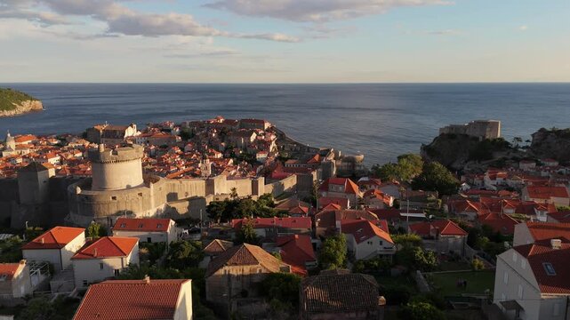 Lovrjenac Fortress establishing shot with Dubrovnik Minceta Fortress aerial over the old town panorama