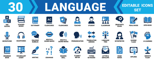 Set of 30 language education and learning icons featuring books teacher student and grammar symbols Vector, illustration Minimal solid vector icon set bundle collection.Mega pack © Sumon Sorkar