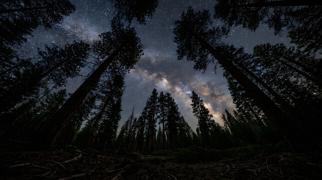 Low angle view of starry night sky and Milky Way through silhouette pine trees in forest