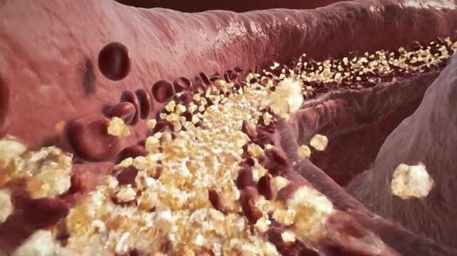 Blood sugar particles float through a blood vessel with lipid molecules.