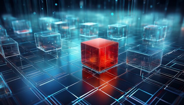 red cube anomaly among uniform transparent cubes in a digital grid for outlier identification