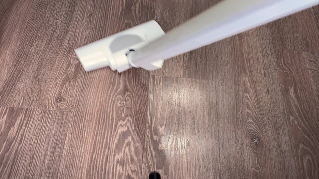 Vacuum cleaner head moving on wood floor cleaning dust