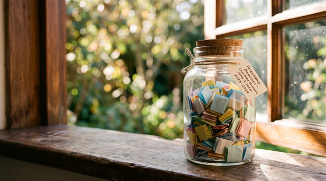 A glass jar filled with colorful notes on a wooden windowsill