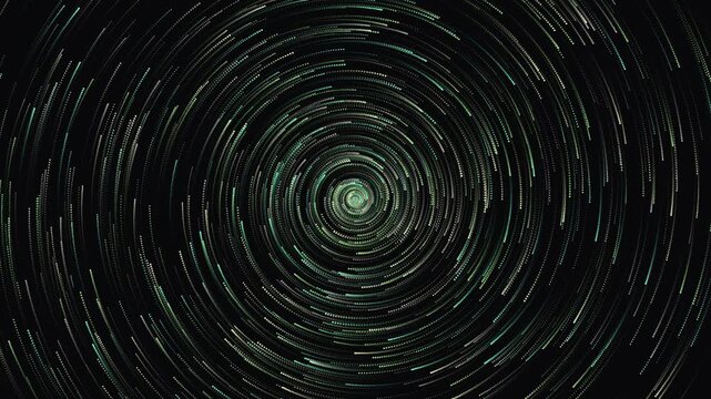Abstract swirling particle trails forming a dynamic green and teal digital vortex on a dark background, representing data flow, star trails, or cosmic energy motion.