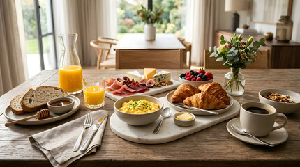 Fototapeta premium Delicious breakfast spread with scrambled eggs croissants toast fruit and coffee on a wooden table in a bright home dining room