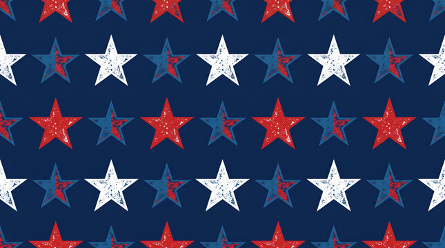 Seamless pattern with distressed stars in red and white on blue background