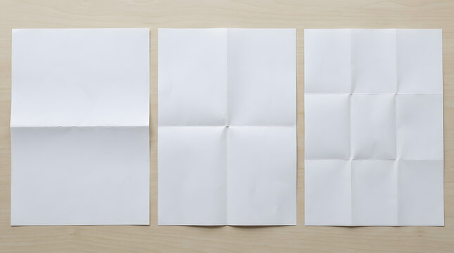 Three stages of folding paper: A progression of a single sheet of white paper being folded in three distinct stages, showcasing the process from a simple fold to multiple creases.