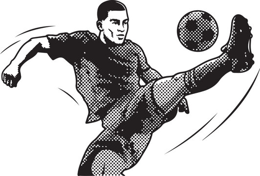 Dynamic vector illustration of a man with soccer player in action and dancing pose, athletic sporty character design with competition energy, game sport concept, silhouette style artwork 