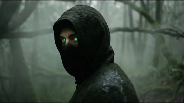 Hooded figure with glowing green eyes in misty dark forest
