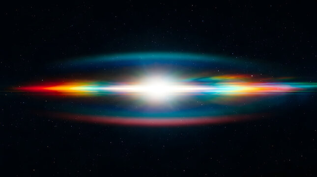 Cosmic Flare: A vibrant lens flare with a spectrum of rainbow colors radiates from a bright light source against a dark, star-speckled background, creating an abstract and energetic visual effect.