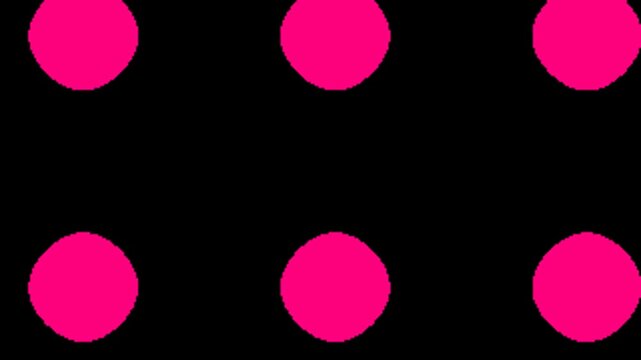 Six bright pink polka dots arranged in two rows on a black background, abstract pattern.