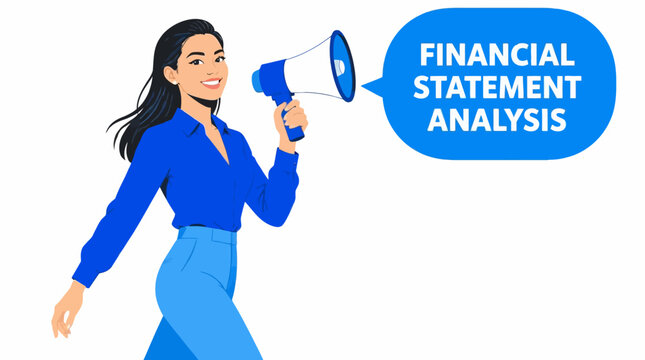 Woman holding megaphone for financial statement analysis.