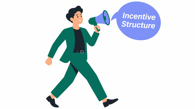 Businessman holding megaphone with incentive structure text.