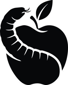 Black silhouette of a worm eating an apple with a leaf on top  simple illustration of a caterpillar