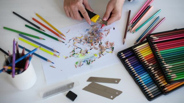 Close-Up View From Above Of A Woman Sharpening Pencils