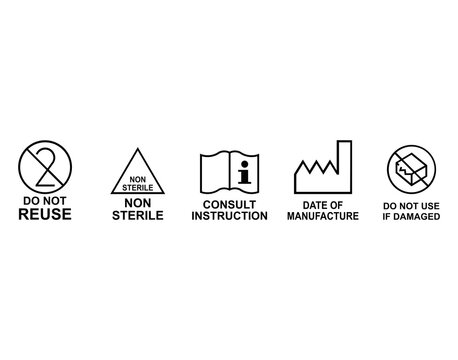 Medical device regulatory symbols set covering single use, sterility, instruction, manufacture date, and damage warning for safe compliance