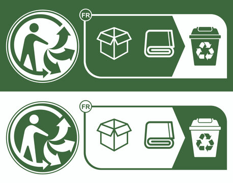 Triman French recycling label set for mixed packaging including cardboard and folded material showing sorting and disposal compliance guidance