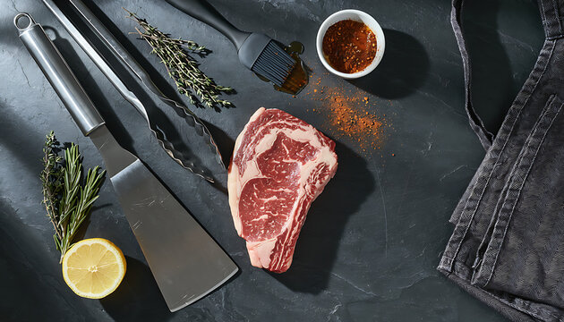 BBQ Grilling Tools and Accessories Flatlay on Dark Slate Surface Summer Cooking