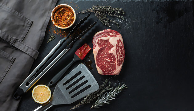 BBQ Grilling Tools and Accessories Flatlay on Dark Slate Surface Summer Cooking