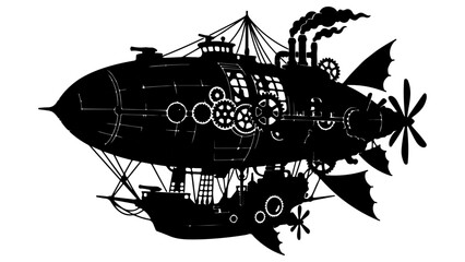 Steampunk Airship Silhouette Illustration with Gears and Propellers Isolated on Transparent Background © MDALAMGIR