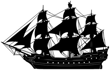 Black Silhouette of a Vintage Wooden Sailing Ship Isolated on Transparent Background © MDALAMGIR