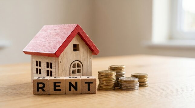 Tiny wooden house model with the word RENT spelled out in blocks, next to stacks of coins, symbolizing the cost of housing and rental expenses