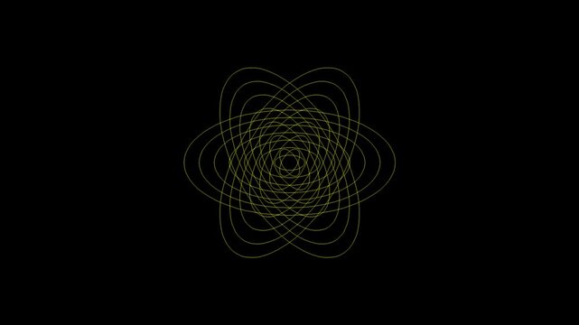 Abstract geometric pattern resembling a stylized atom or snowflake on a black background.