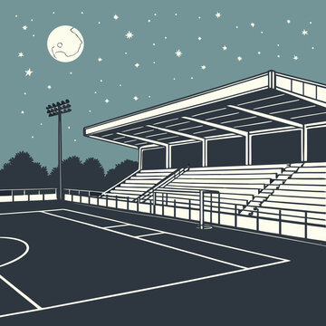 Nighttime sports stadium under a full moon with empty bleachers and a basketball court
