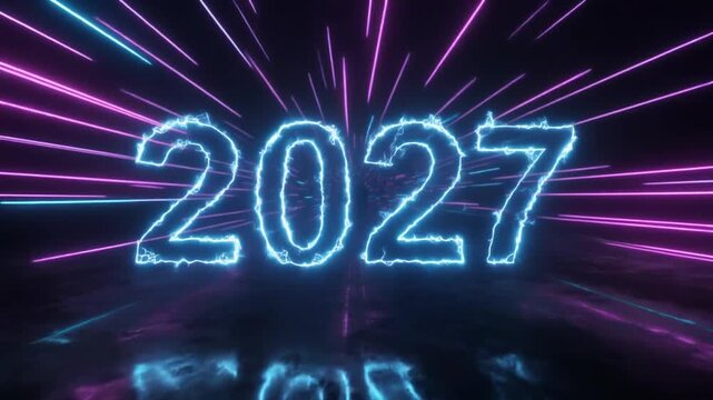 New Year 2027 Glowing Electric Blue Energy Numbers with Speed Light Rays Background