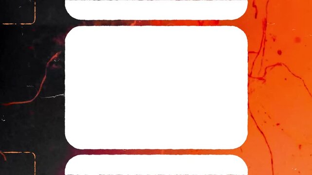 16mm film strip frames with empty white rectangles and gritty orangeblack aged texture suitable for nostalgic, retro design projects.