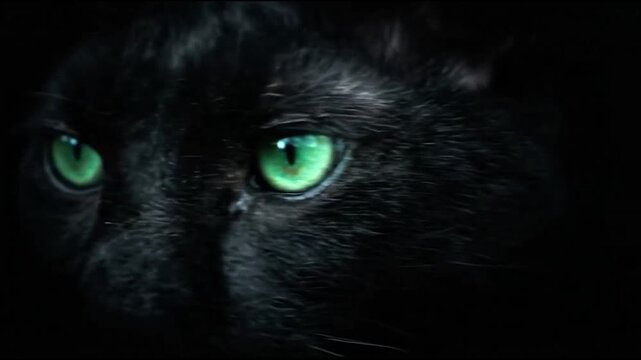 Black cat face with intense green eyes close up