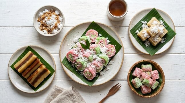 Assorted traditional Indonesian getuk gulung roll cakes and cassava sweets with shredded coconut served on plates and a bamboo basket over a white rustic wooden table from a top view.