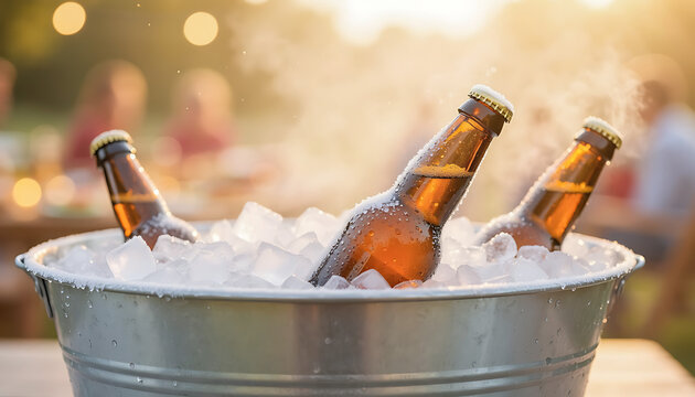 Close Up of Cold Beer Bottles in Ice Bucket at Outdoor Summer BBQ Party