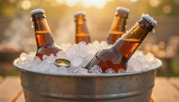 Close Up of Cold Beer Bottles in Ice Bucket at Outdoor Summer BBQ Party
