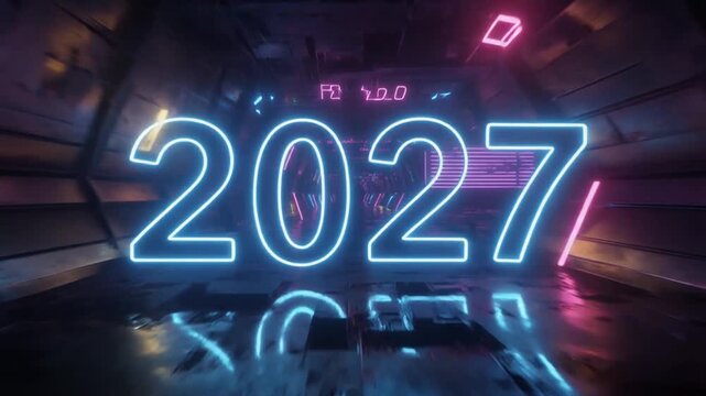 New Year 2027 Neon Outlined Numbers inside Futuristic Cyberpunk Corridor Background