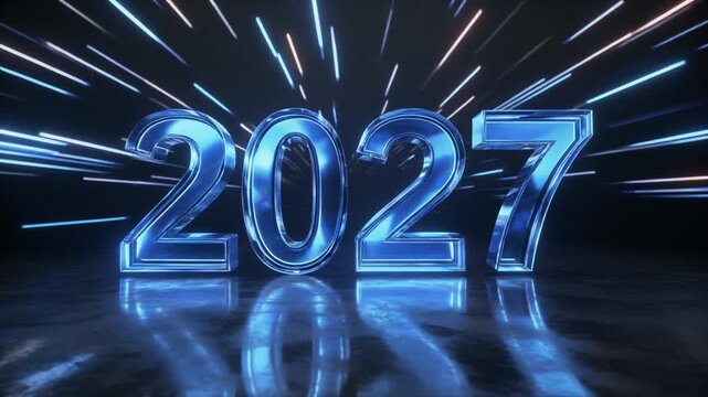 New Year 2027 Metallic Blue 3D Numbers with Speed Light Rays on Glossy Floor Background