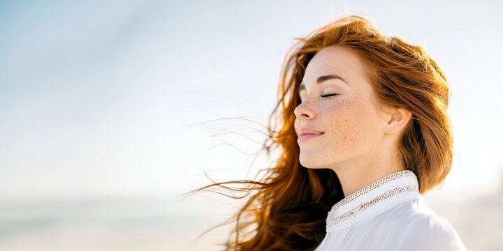 Young redheaded woman with freckles, long wavy red hair enjoying the fresh ocean, sea breeze while standing outside with her eyes closed in a peaceful moment of pure quiet serenity